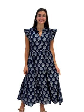 Liza Byrd 100% Cotton Navy Blue & Silver Block Print Tiered Maxi Dress S